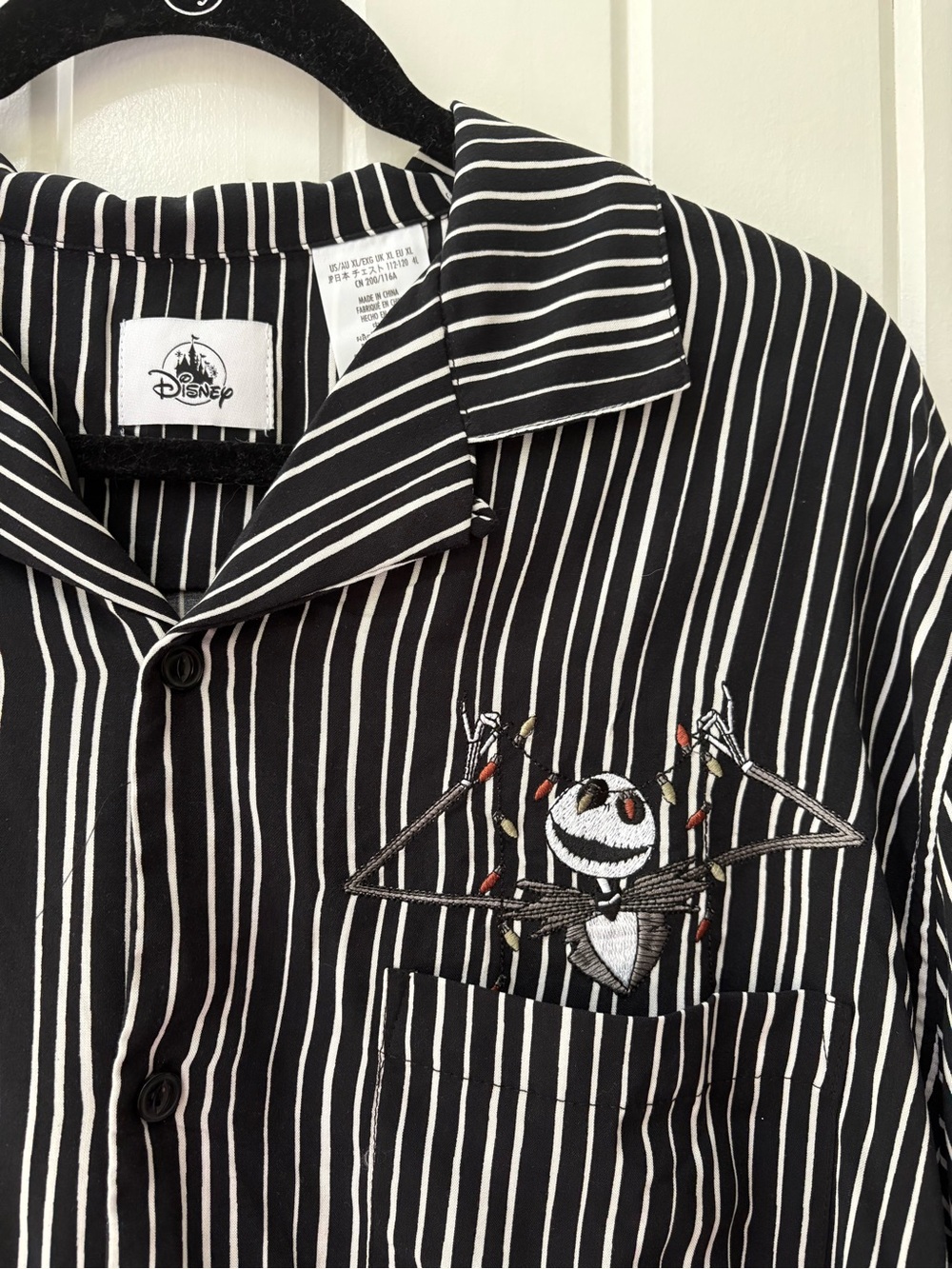 Disney Black & White Striped Men's Button-Up with Jack Skellington Embroidery